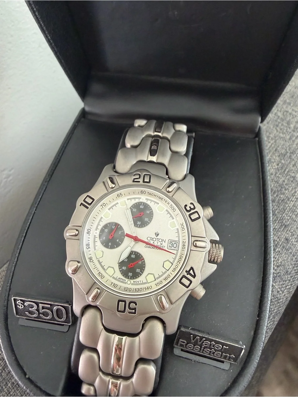 Croton Silver Tone Stainless Steel Chronograph Watch with Red Accents